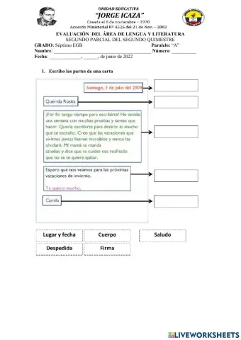 Evaluación LENGUA Y LITERATURA de Segundo parcial del Segundo Quimestre