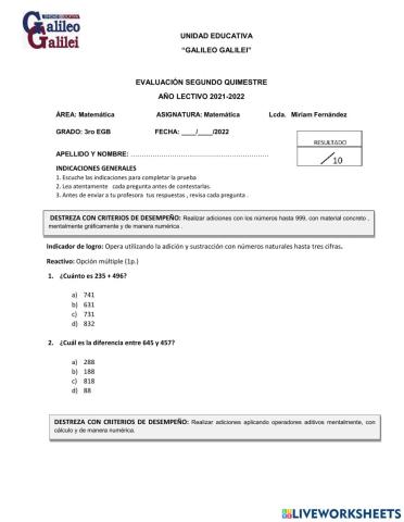 Evaluación quimestral matemática