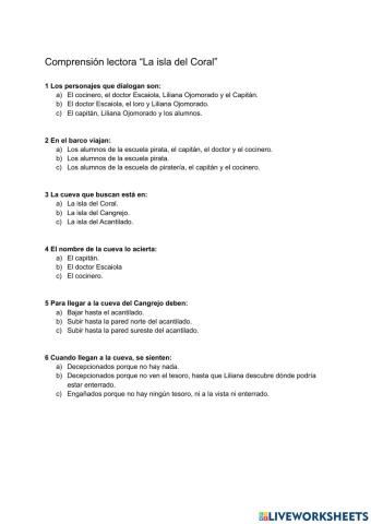 Comprensión lectora La isla del Coral