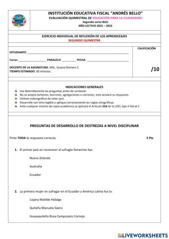 Examen 2do curso Ciudadanía II Quimestre