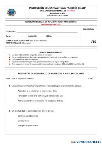 Examen 2do curso HISTORIA II Quimestre