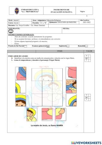Evaluación 2 Quimestre Religión