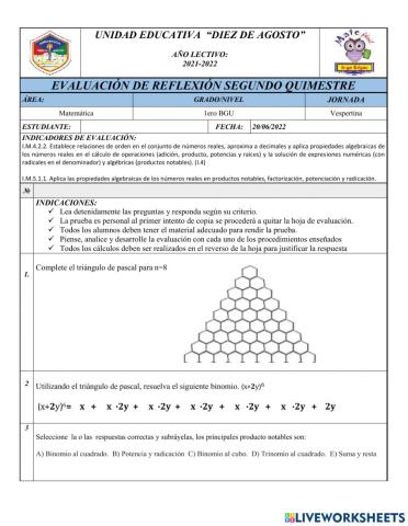 EVALUACION SEGUNDO QUIMESTRE MATEMÁTICA 1EROS BGU