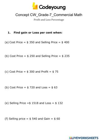 Profit and Loss Percentage Concept CW