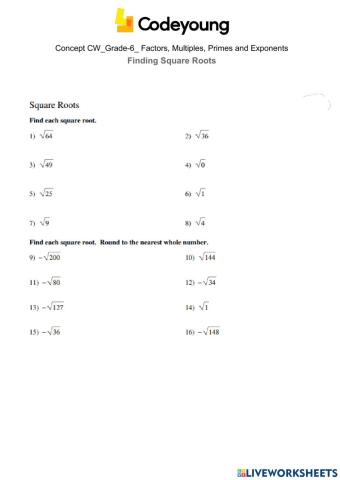 Finding Square Roots Concept CW