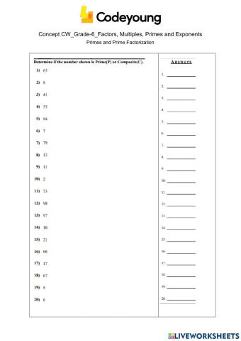 Primes and Prime Factorization Concept CW