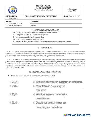 Examen de Matemática Quinto año 2022