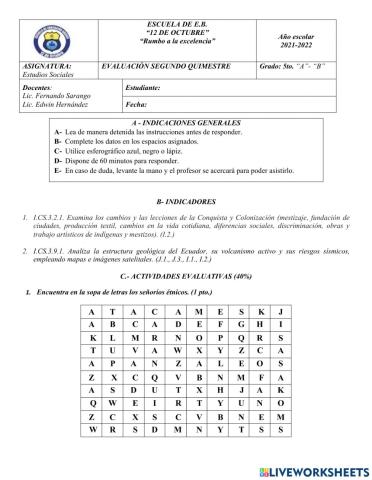 Examen de Sociales QUINTOS AÑOS A-B 2022