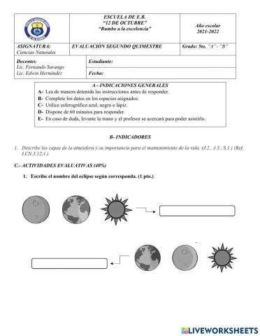 Examen de Ciencias Naturales QUINTOS AÑOS 2022