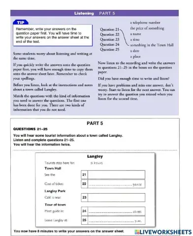 KET listening part 5 Test 1