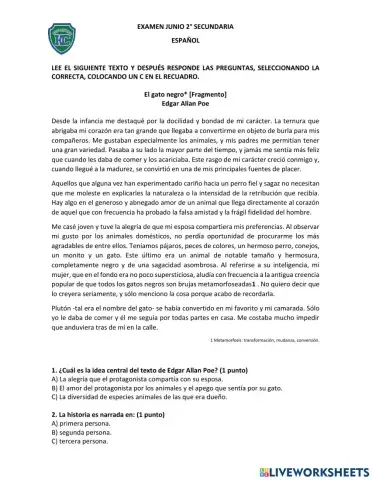 Examen Junio 2do Español Secundaria