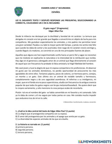 Examen Junio 2do Español Secundaria