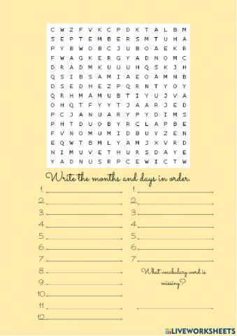 Days and Months Wordsearch