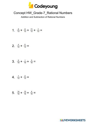 Addition and Subtraction of Rational Numbers Concept Hw
