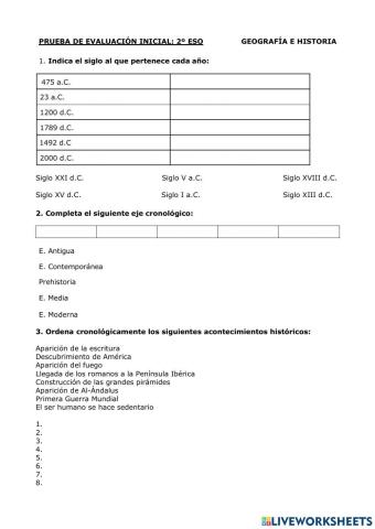 PRUEBA DE EVALUACIÓN INICIAL GEOGRAFIA E HISTORIA 2ESO