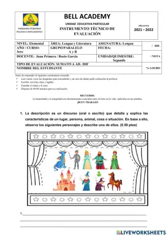 Evaluacion Quimestral lengua y literatura adaptación.