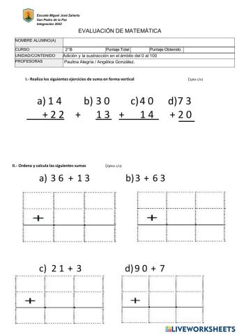 Evaluacion Sumas y Restas 2 Basico