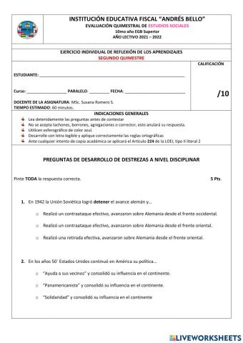 Evaluación EESS II Quimestre 10mo año EGB