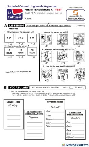 PRE INTERMEDIATE A - Test 1