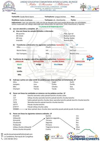 Examen Lengua Kichwa Quinto Año