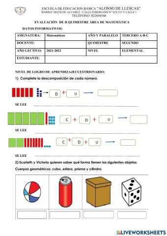 Examen quimestral de matemática