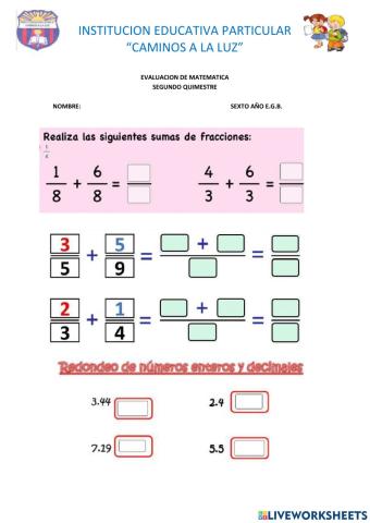 Evaluacion final de matematica sexto