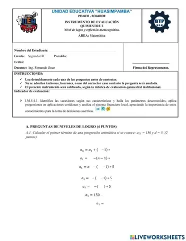 Examen de Matemáticas Segundo BGU
