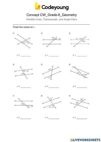 Parallel Lines, Transversals and Angle Pairs Concept CW