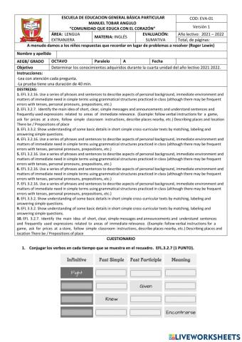 Evaluación 8vo Inglés
