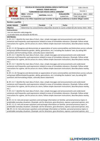 Evaluación 5to Inglés