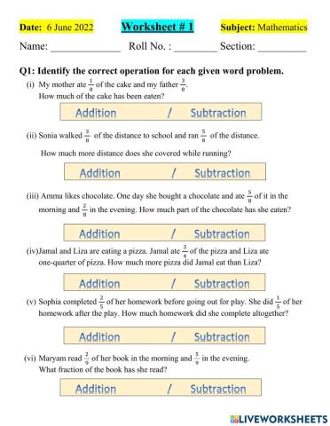 WORKSHEET -1  (Identification of operations in word problems of fractions)