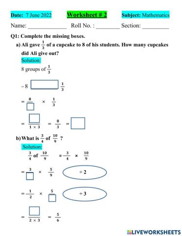 Worksheet-2 (multiplication of fractions)