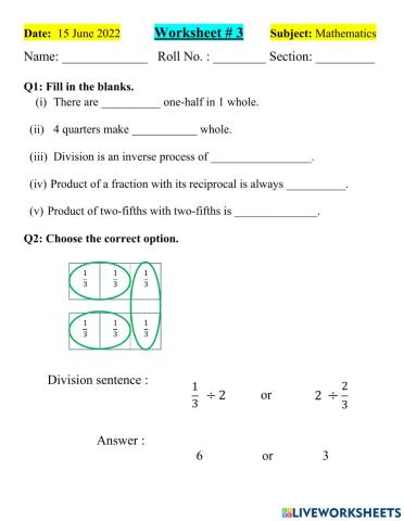 Worksheet - 3( Division of fractions)