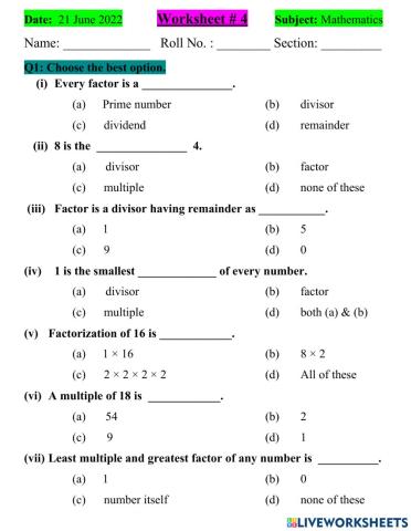 Worksheet - 4 (Factor - divisor)