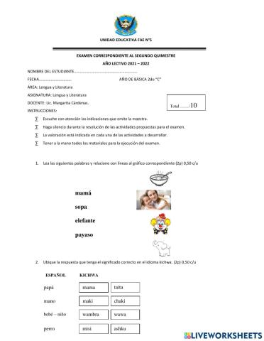 Examen quimestral lengua y literatura