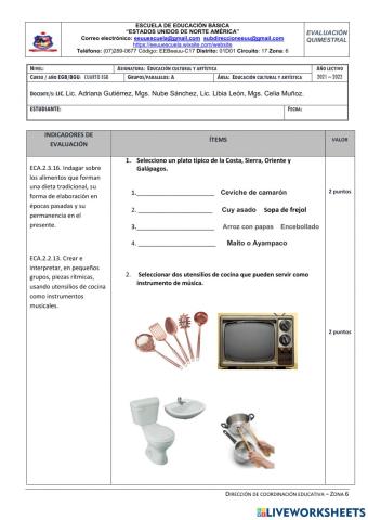 Evaluación  Quimestral de Educación Cultural y Artística