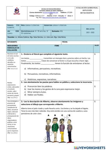 Evaluación  Quimestral de lengua  y Literatura