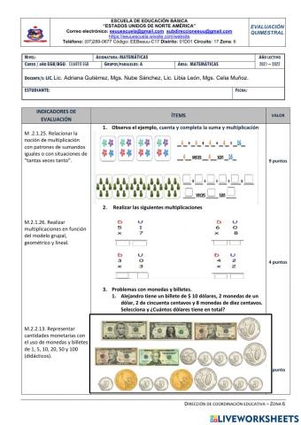 Evaluación Quimestral de Matemáticas