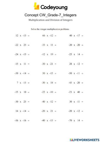 Multiplication and Division of Integers Concept CW
