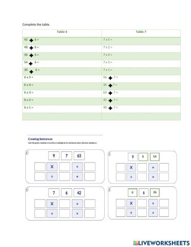 Multiplication and division table 6 and 7