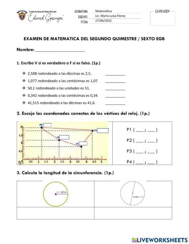Examen de matematica del segundo quimestre - sexto de basica