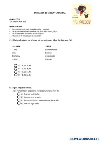 EVALUACION DE LENGUA Y LITERATURA