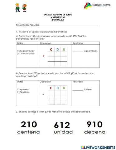 Examen mensual matemáticas JUNIO