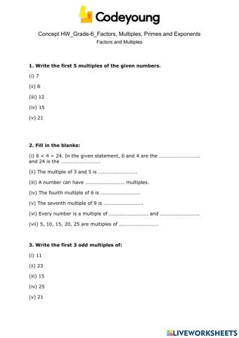Factors and Multiples Concept HW