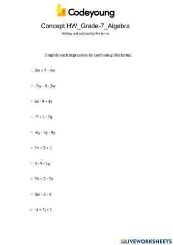 Adding and subtracting like terms Concept HW
