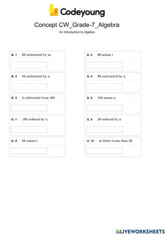 An Introduction to Algebra Concept CW