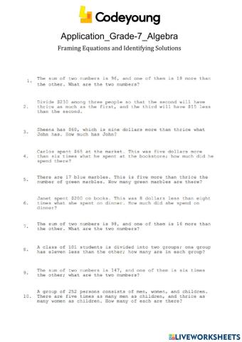 Framing Equations and Identifying Solutions Application