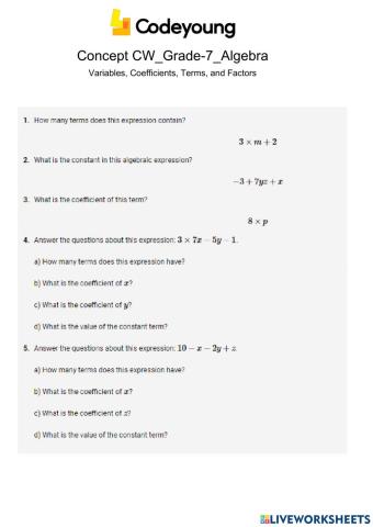Variables, Coefficients, Terms, and Factors Concept Cw