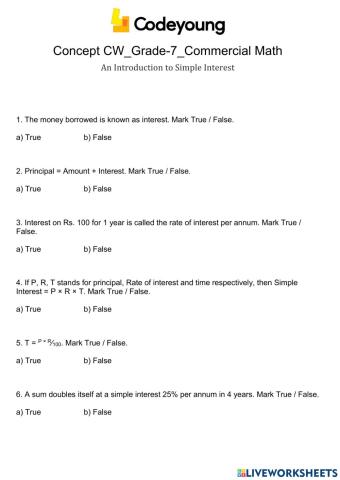 An Introduction to Simple Interest Concept CW