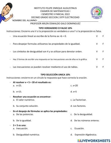 Examen de Matemáticas I 2022